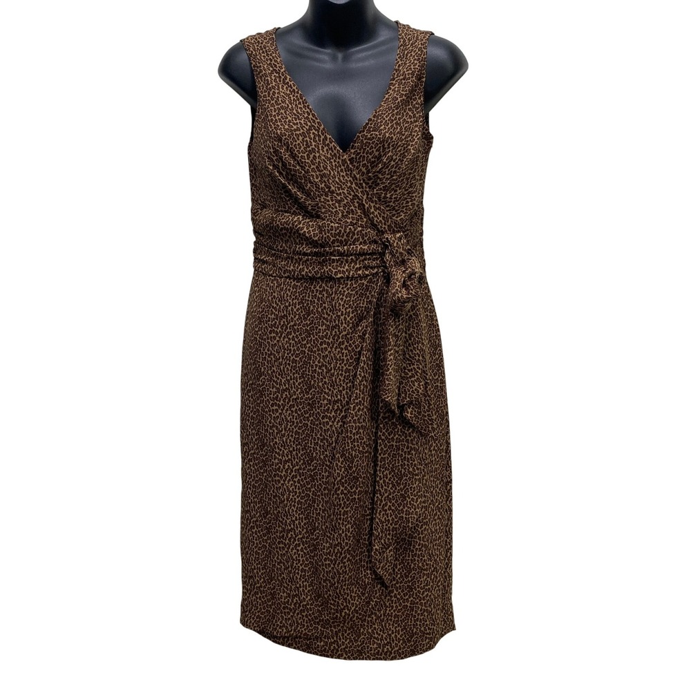 Michael Kors Italy 100% Silk Leopard Print‎ Faux Wrap Sheath Dress Camel Multi 6
